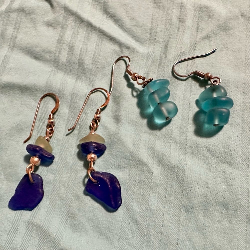 Artisan Blue Sea Glass and Sterling Silver Earrings, lot of 2